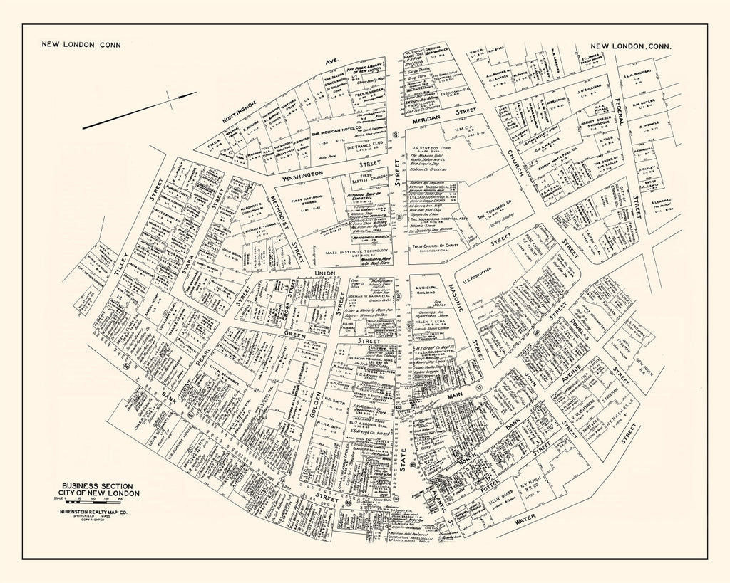 Vintage Map of New London, CT Business Section 1946