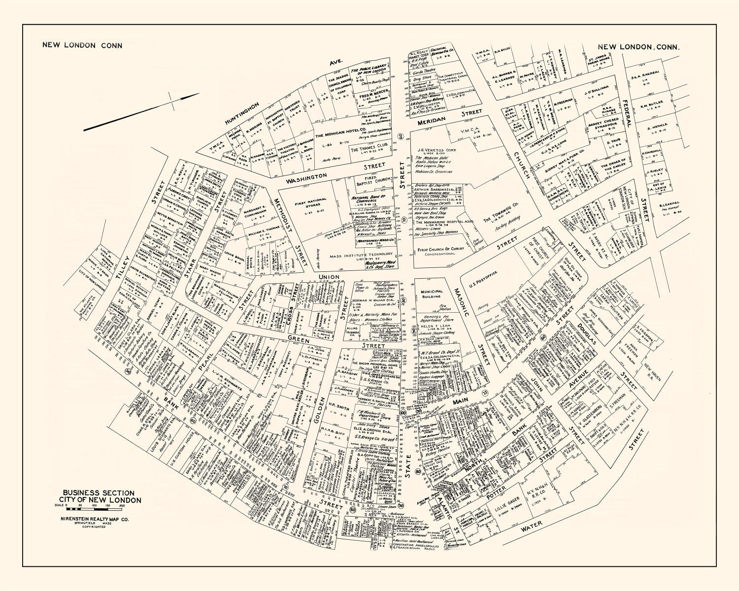 Vintage Map of New London, CT Business Section 1946