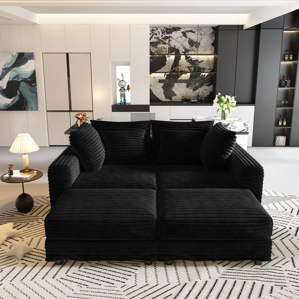 104.3 ' Plush Corduroy 4-Seat Sofa, Modern Comfy Upholstered Sofa Cloud Couch, Deep Seat Couches with Soft Pillows and 2 Ottomans, Convertible Sofa Lounge Chair, for Living Room,Apartment,Office,Black