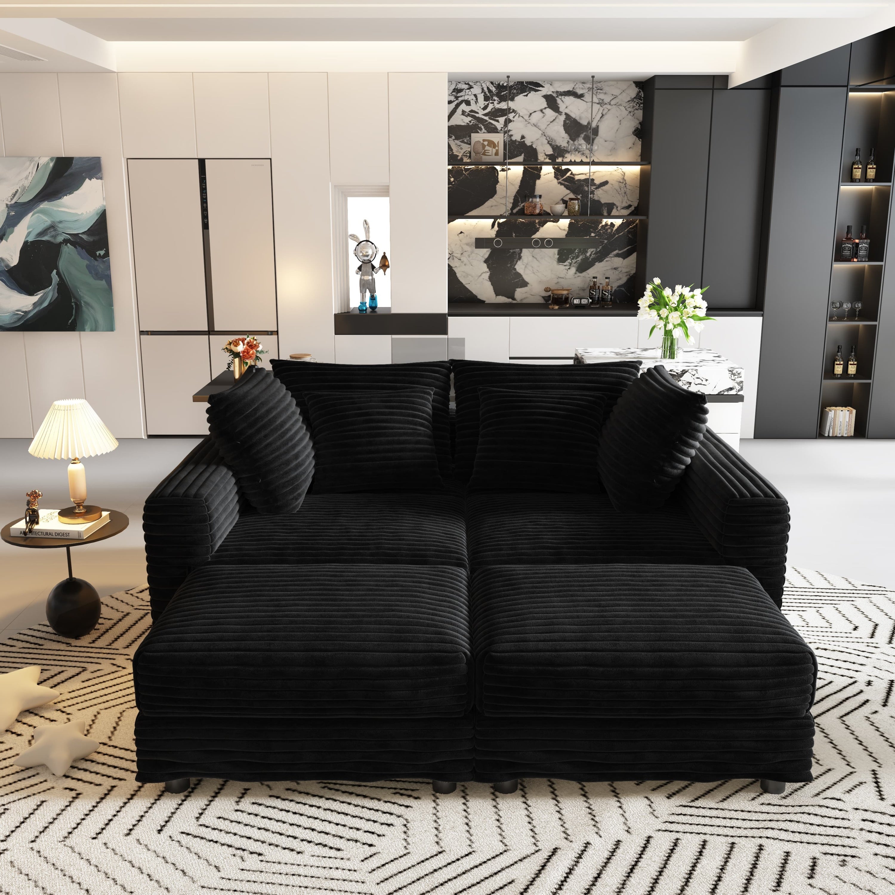 104.3 ' Plush Corduroy 4-Seat Sofa, Modern Comfy Upholstered Sofa Cloud Couch, Deep Seat Couches with Soft Pillows and 2 Ottomans, Convertible Sofa Lounge Chair, for Living Room,Apartment,Office,Black