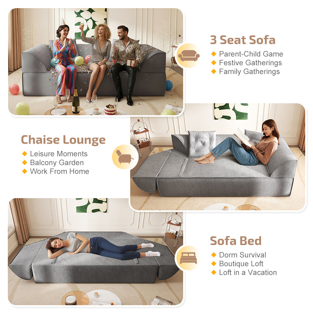 3-in-1 Convertible Sofa Bed, 79.5' Modern Deep Seat Couch with 2 Pillows, 3-Seater Sofa, Sparkling Chenille Fabric Sofa,Chaise Lounge for Living Room, Studio,Office,Grey