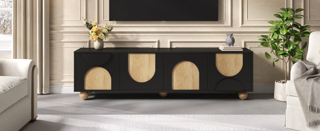 Farmhouse TV Stand with Cable Holes for TVs up to 75', Cream Style Media Console with Rebound Device, Elegant Entertainment Center with 5 Solid Wood Legs for Living Room, Bedroom, Black, 69.6'W
