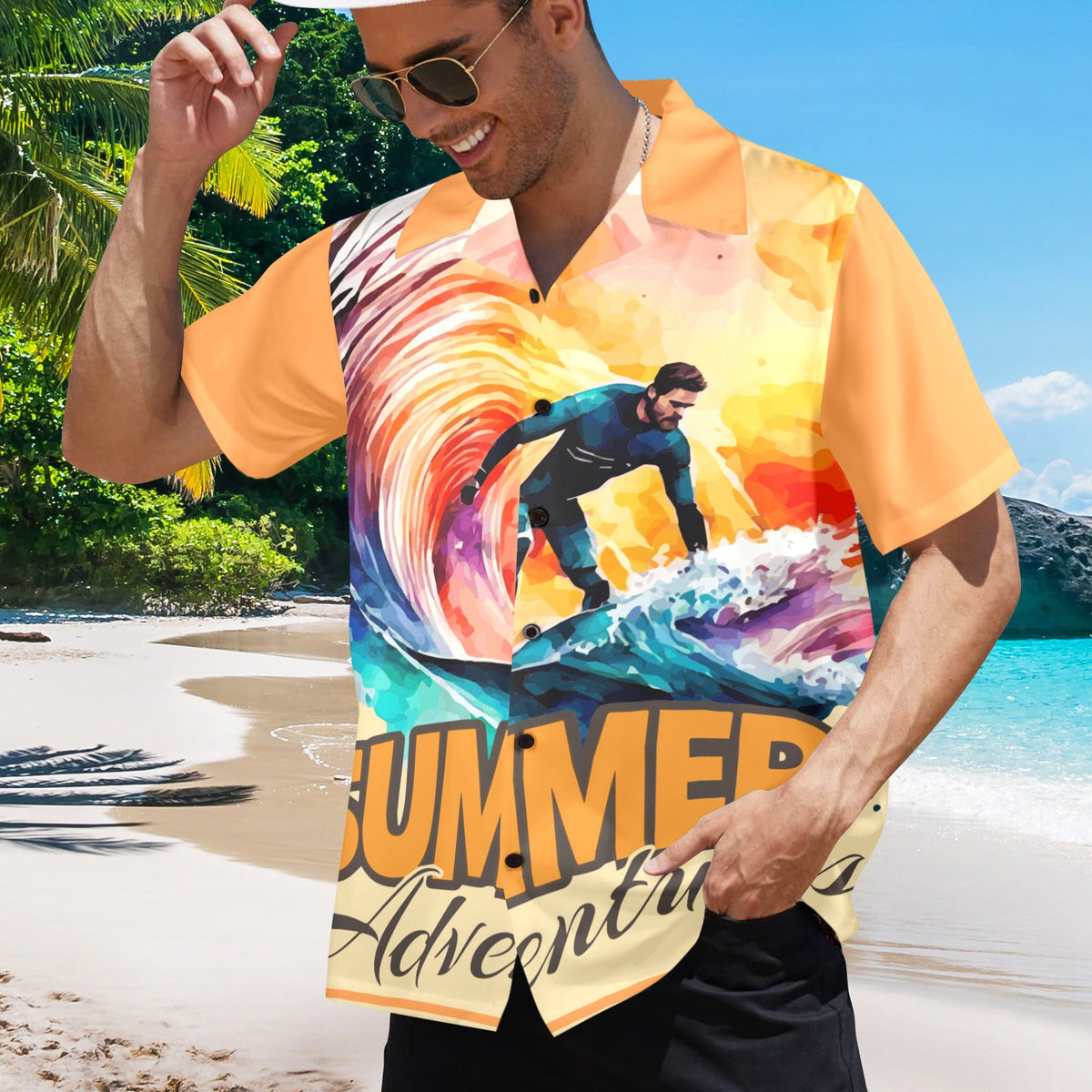Summer Adventures Men's Orange Button Front Hawaiian Shirt