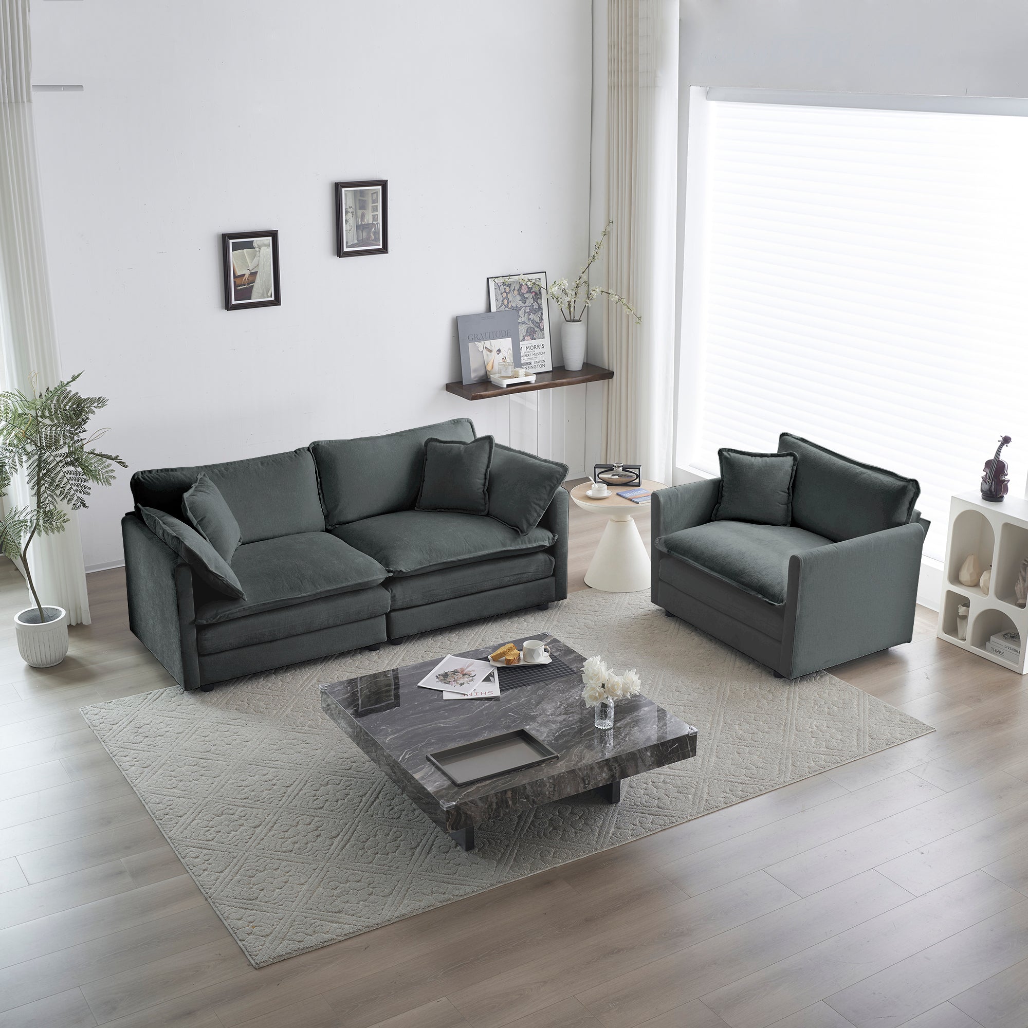 2 Seater Loveseat and Chair Set, 2 Piece Sofa & Chair Set, Loveseat and Accent Chair , 2-Piece Upholstered Chenille Sofa Living Room Couch Furniture(1+2 Seat ) ,Gray Chenille