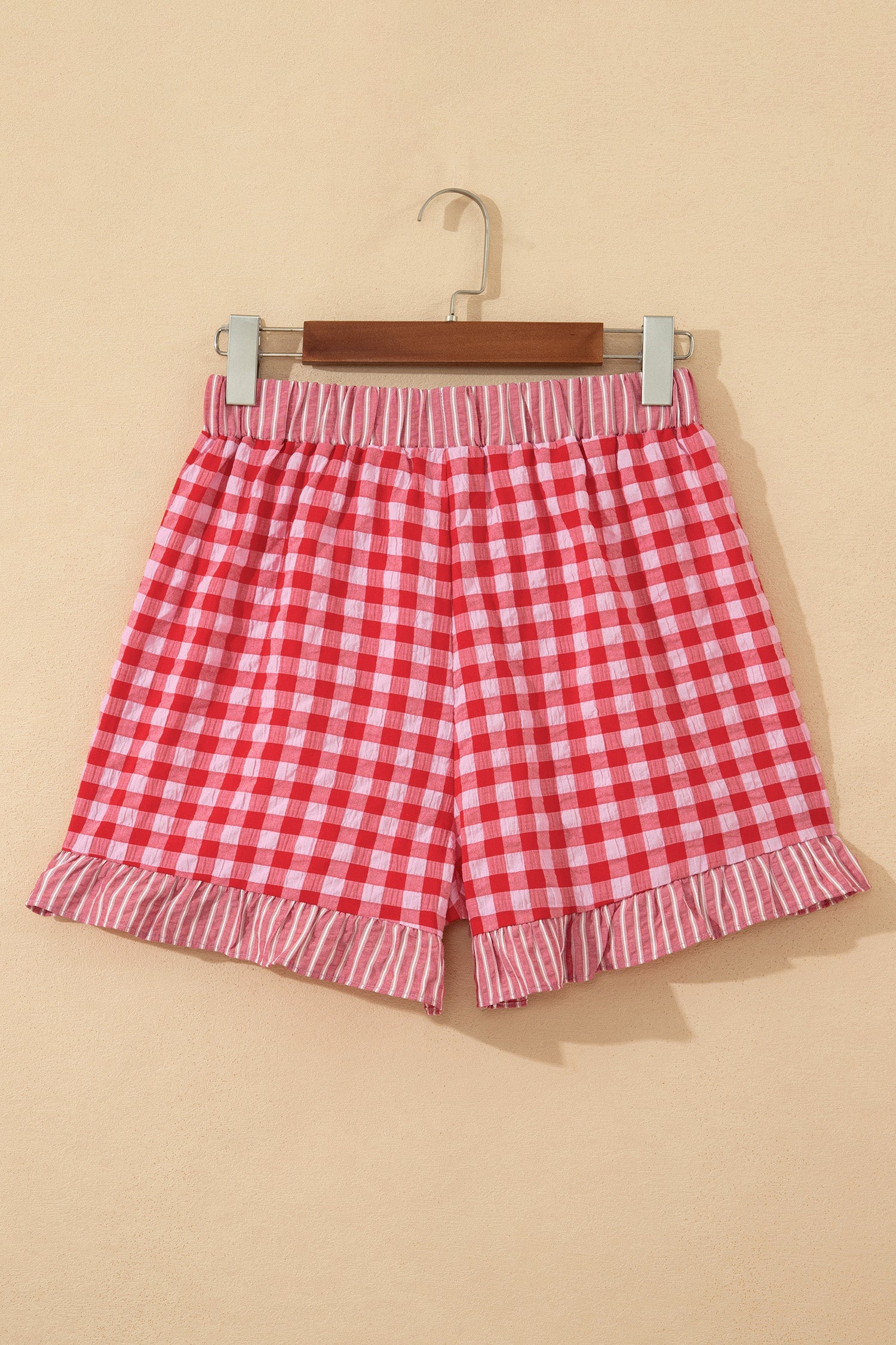 Gingham Ruffle Stripe Patchwork Lace Tie Shorts