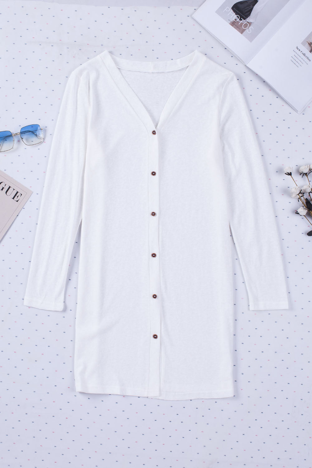 Solid Open-Front Buttoned Cardigan