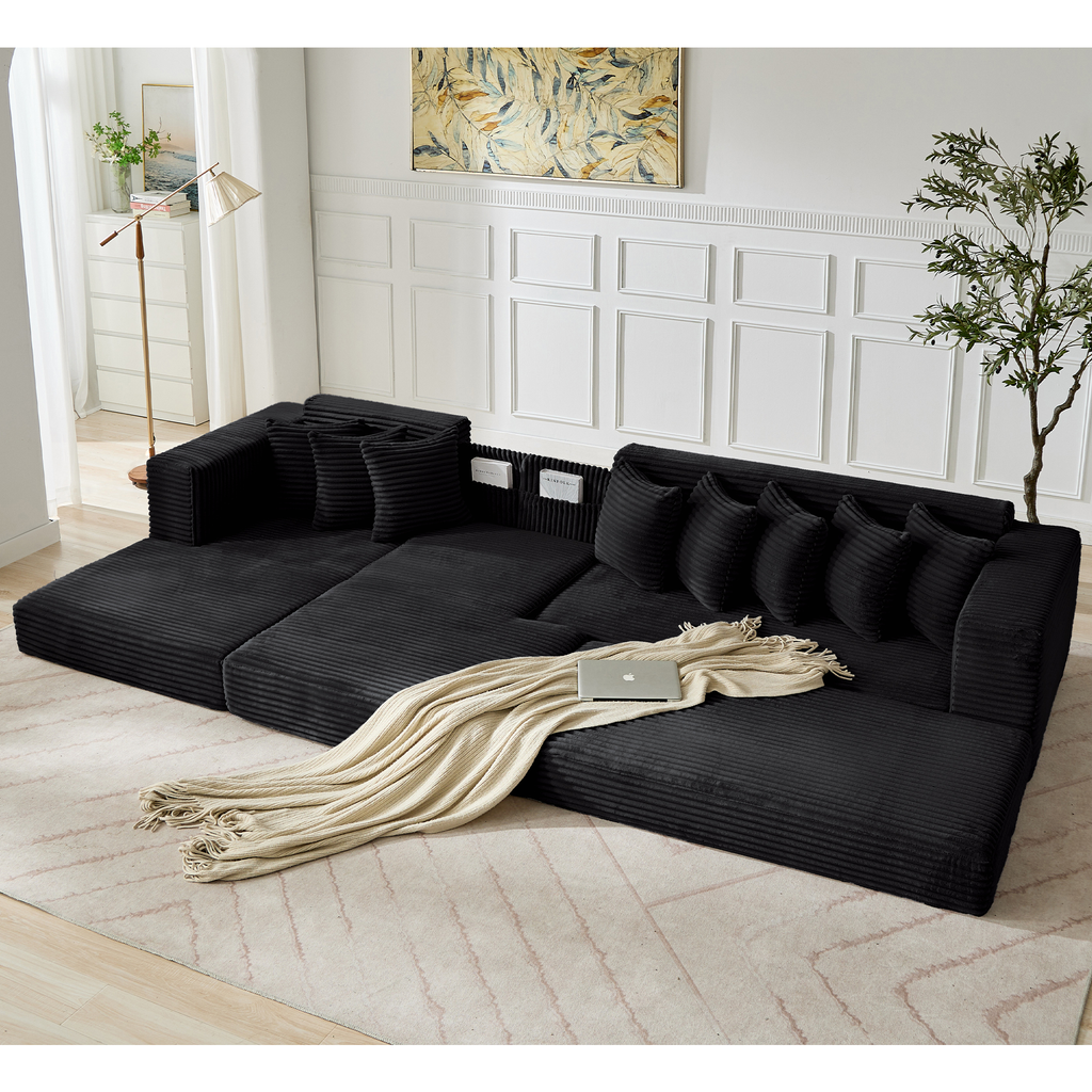 [NEW ARRIVED] [VIDEO PROVIDED] Oversize Cloud Sectional Couch, L-Shape Sofa, Convertible Floor Sleeper Sofa Bed, No Assembly ,Eight pillows,3-in-1,Side Pocket,(Left Facing Sofa),3 Seat,Corduroy,Black
