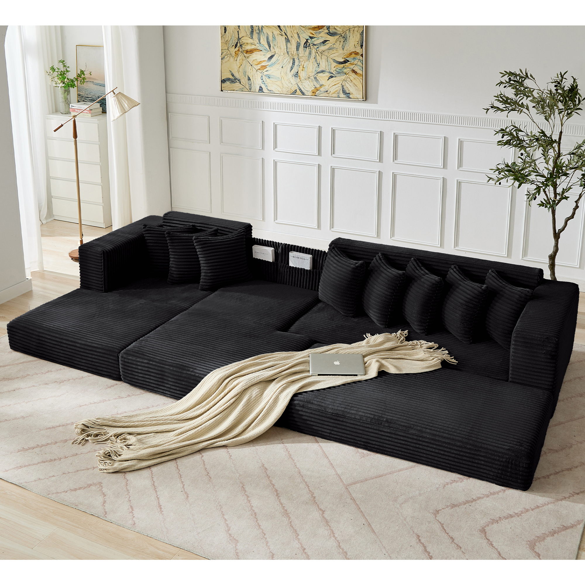 [NEW ARRIVED] [VIDEO PROVIDED] Oversize Cloud Sectional Couch, L-Shape Sofa, Convertible Floor Sleeper Sofa Bed, No Assembly ,Eight pillows,3-in-1,Side Pocket,(Left Facing Sofa),3 Seat,Corduroy,Black