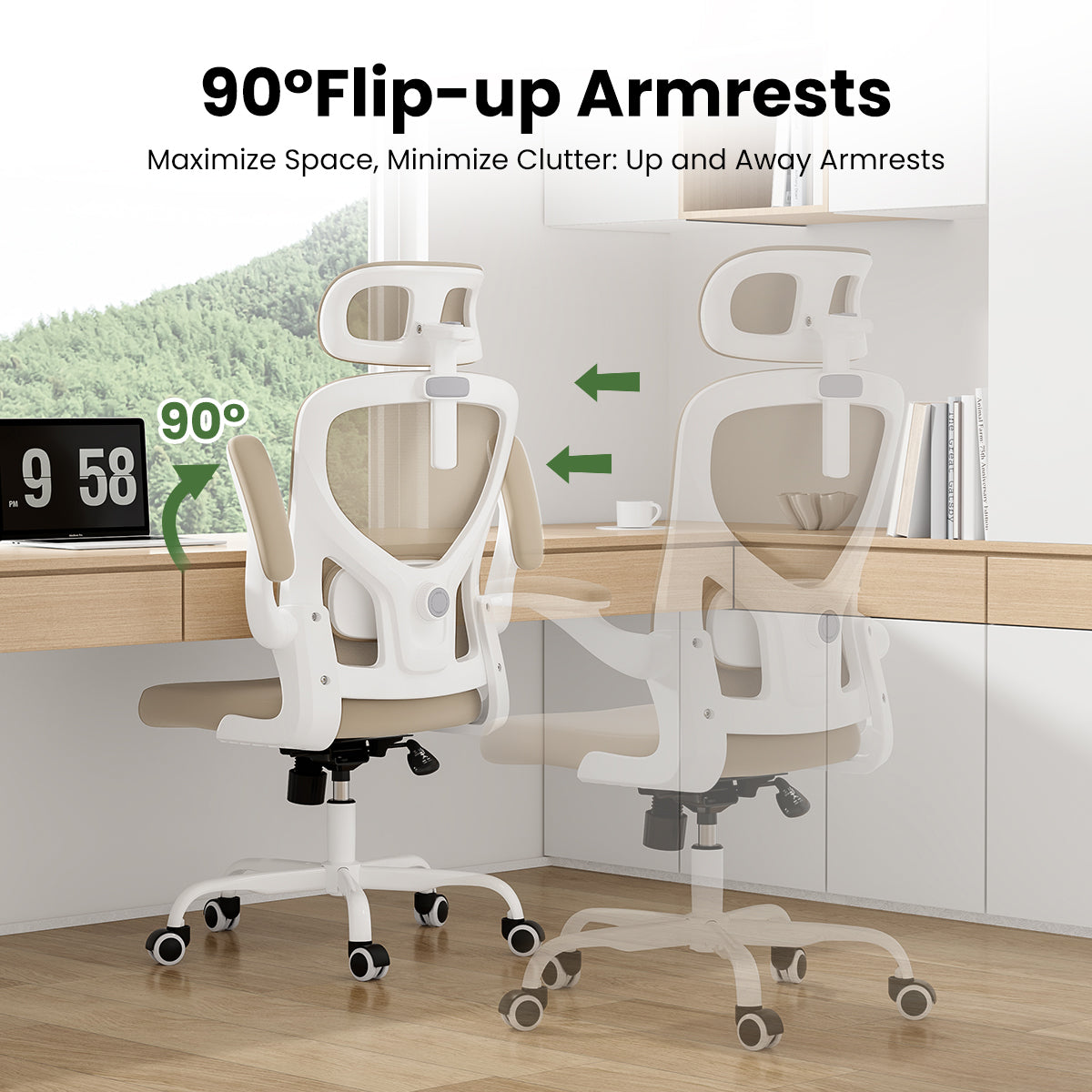 Ergonomic Office Chair, Home Office Desk Chair with Headrest, High Back Computer Chair with Armrests and Adjustable Lumbar Support for Home Office Study Room, White & Khaki
