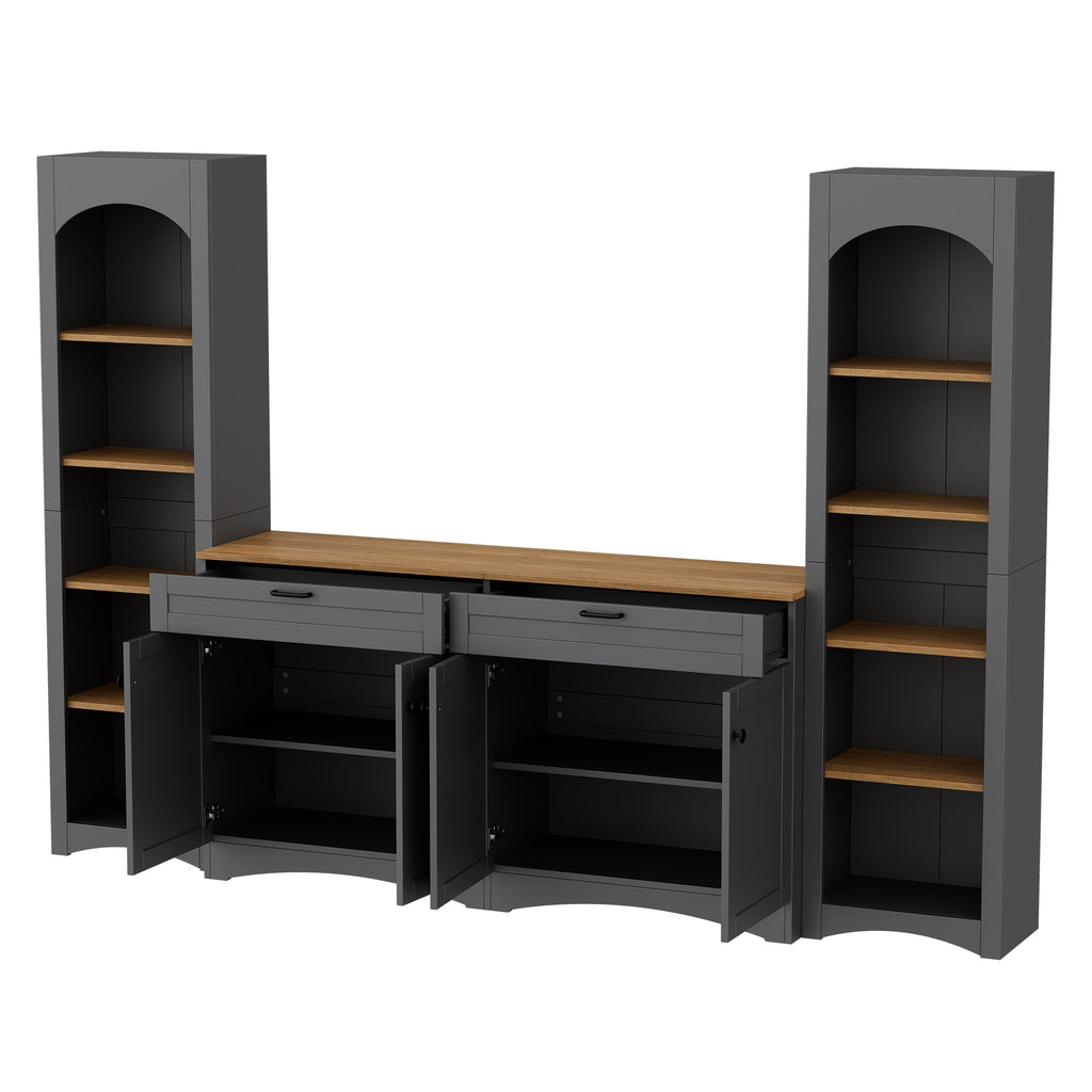 ON-TREND 3-Piece Farmhouse Entertainment Center with Storage Cabinet for TVs Up to 70', Mid-Century TV Stand with Bookshelf, Rustic Versatile Sideboard with Adjustable Shelves for Living Room, Grey