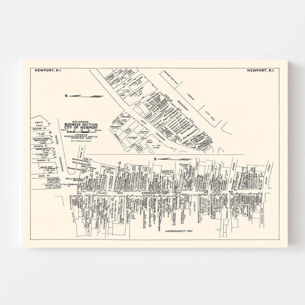 Vintage Map of Newport, RI Business Section 1946