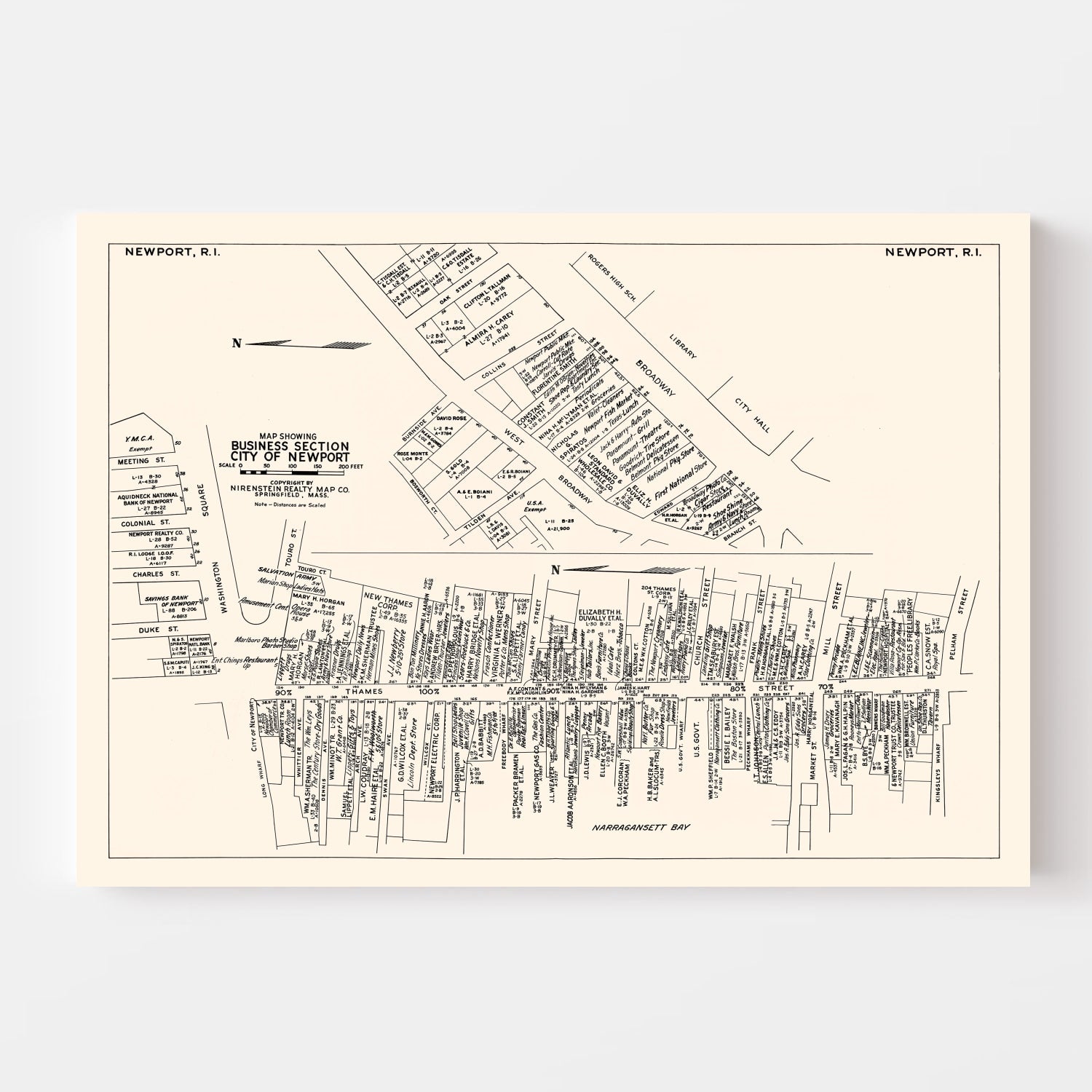 Vintage Map of Newport, RI Business Section 1946