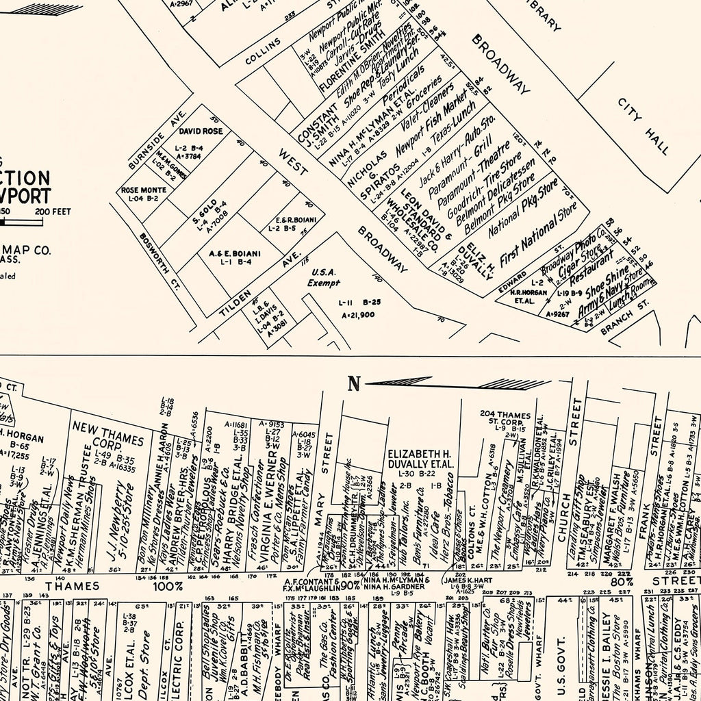 Vintage Map of Newport, RI Business Section 1946