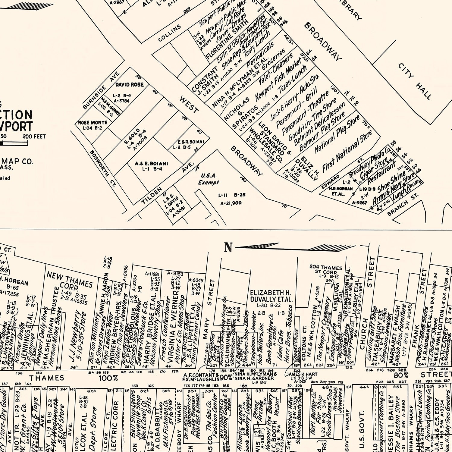Vintage Map of Newport, RI Business Section 1946