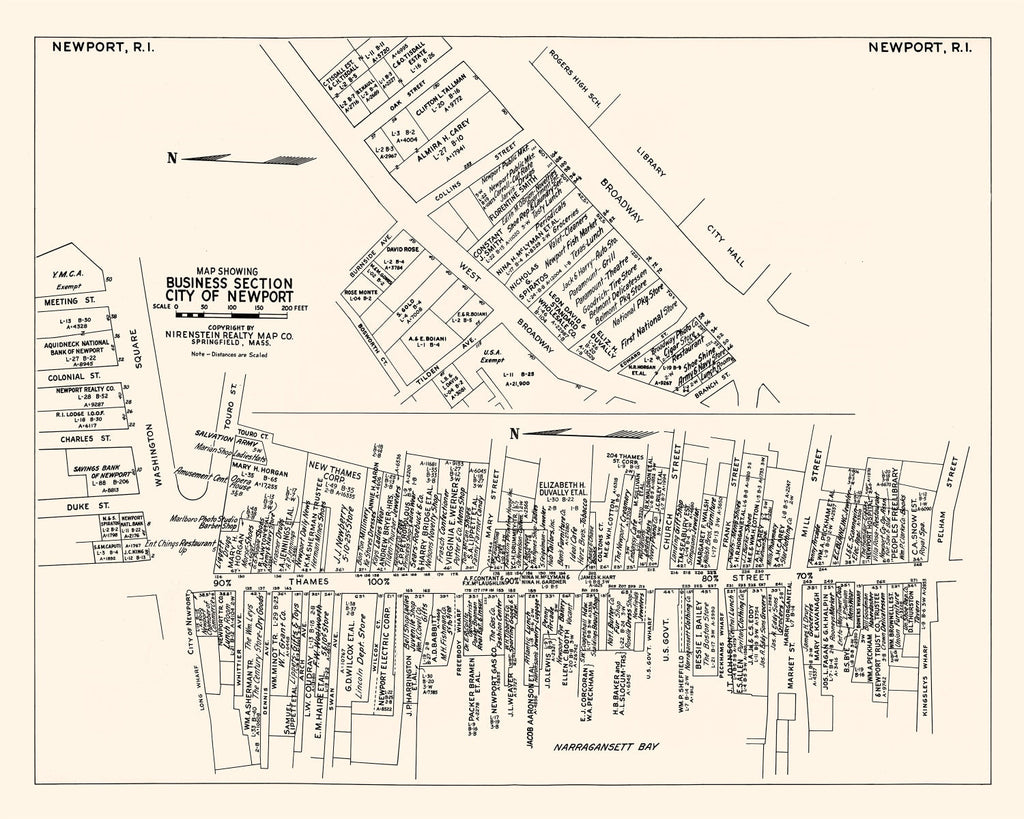 Vintage Map of Newport, RI Business Section 1946