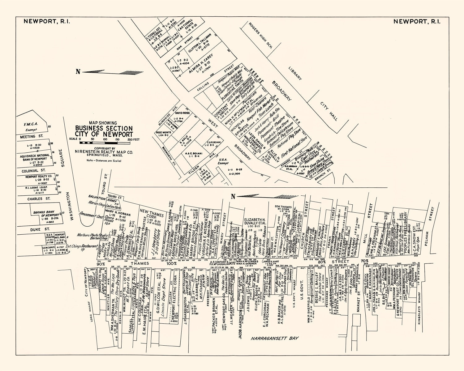 Vintage Map of Newport, RI Business Section 1946
