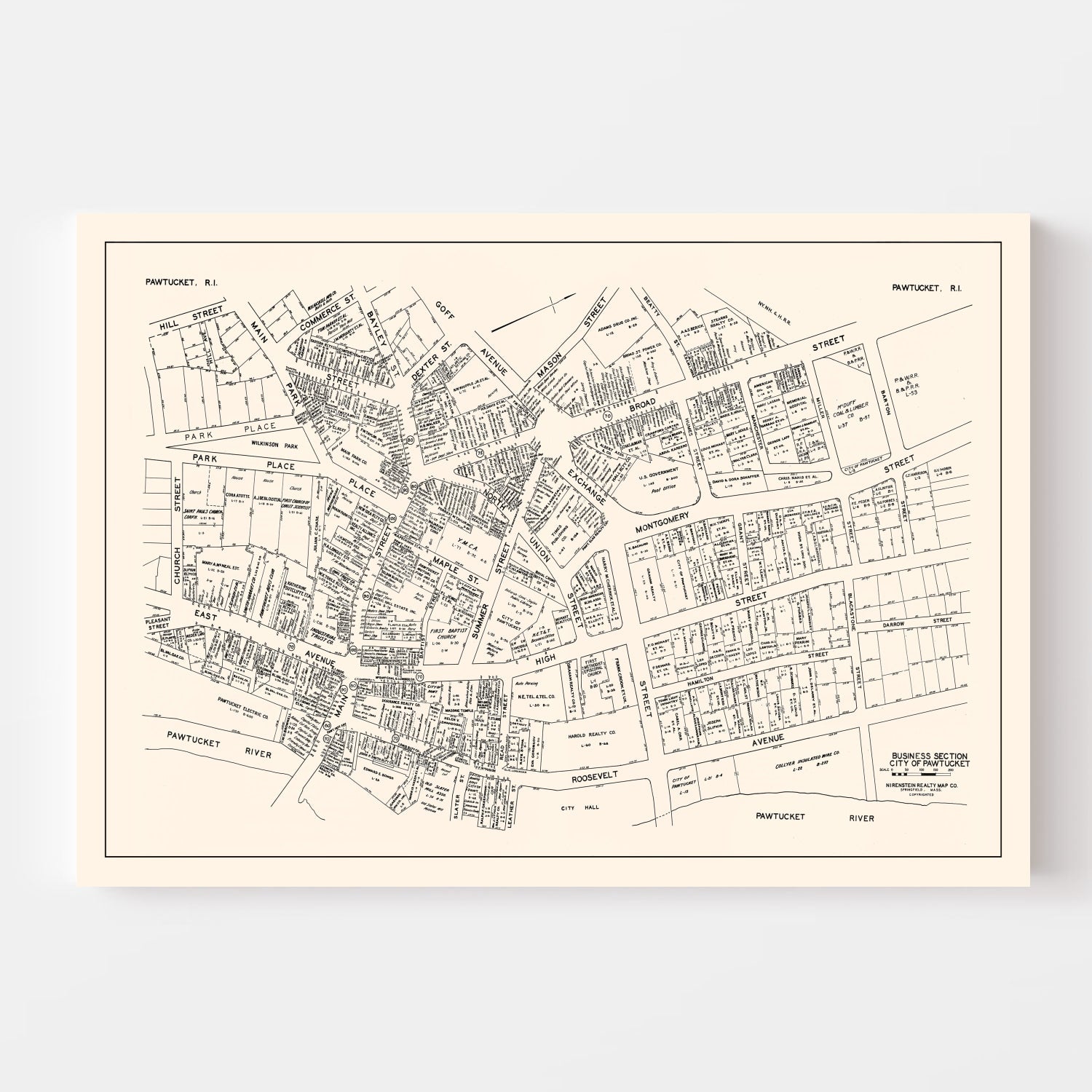 Vintage Map of Pawtucket, RI Business Section 1946