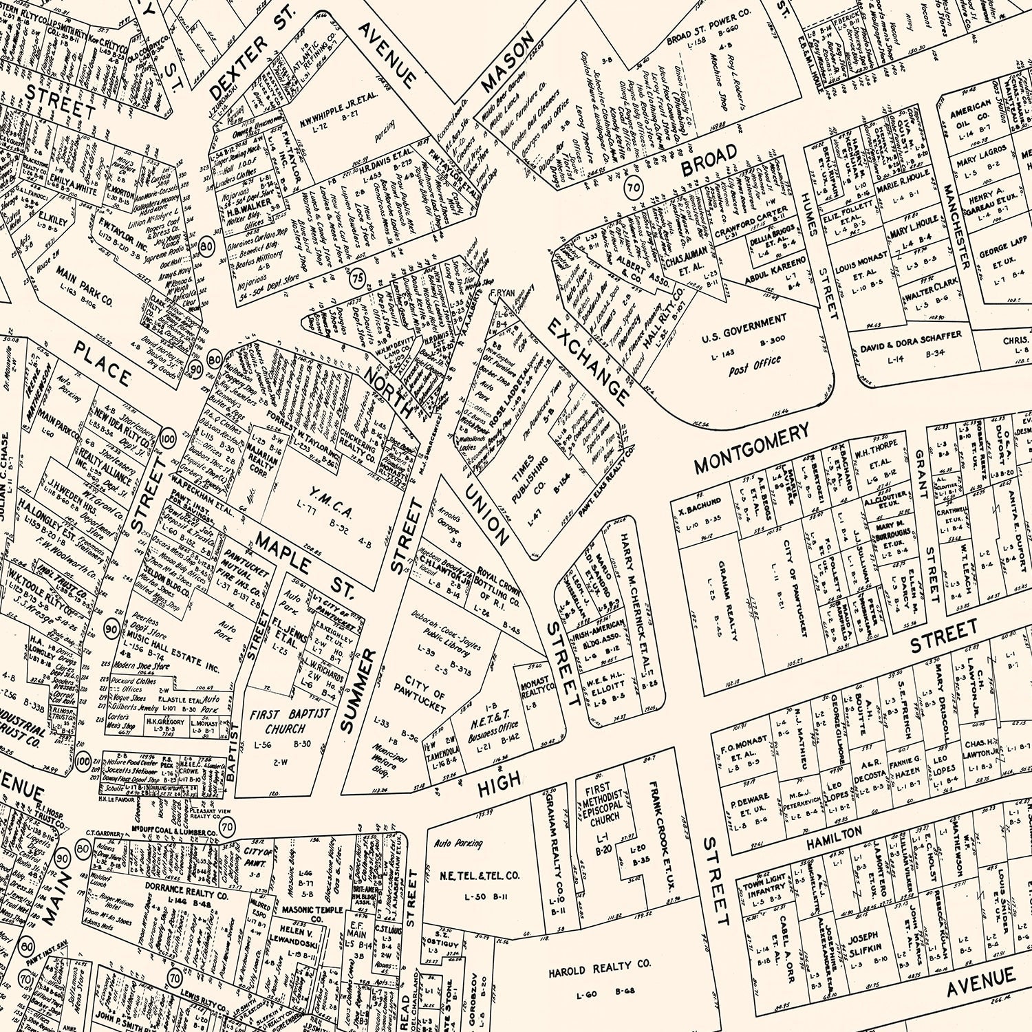 Vintage Map of Pawtucket, RI Business Section 1946