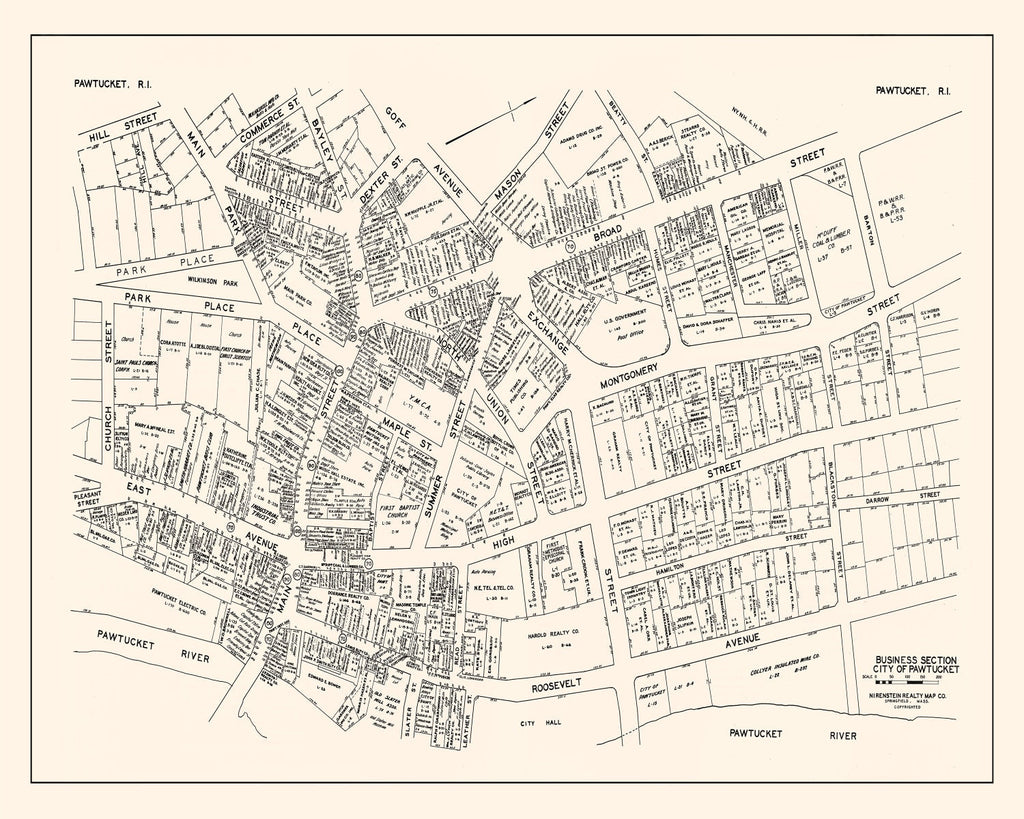 Vintage Map of Pawtucket, RI Business Section 1946