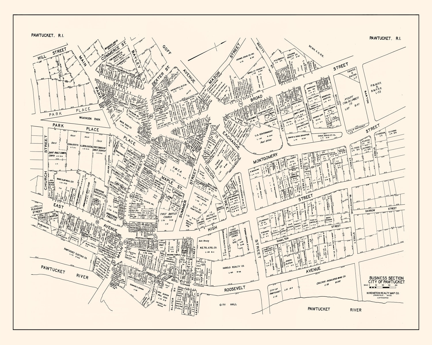 Vintage Map of Pawtucket, RI Business Section 1946