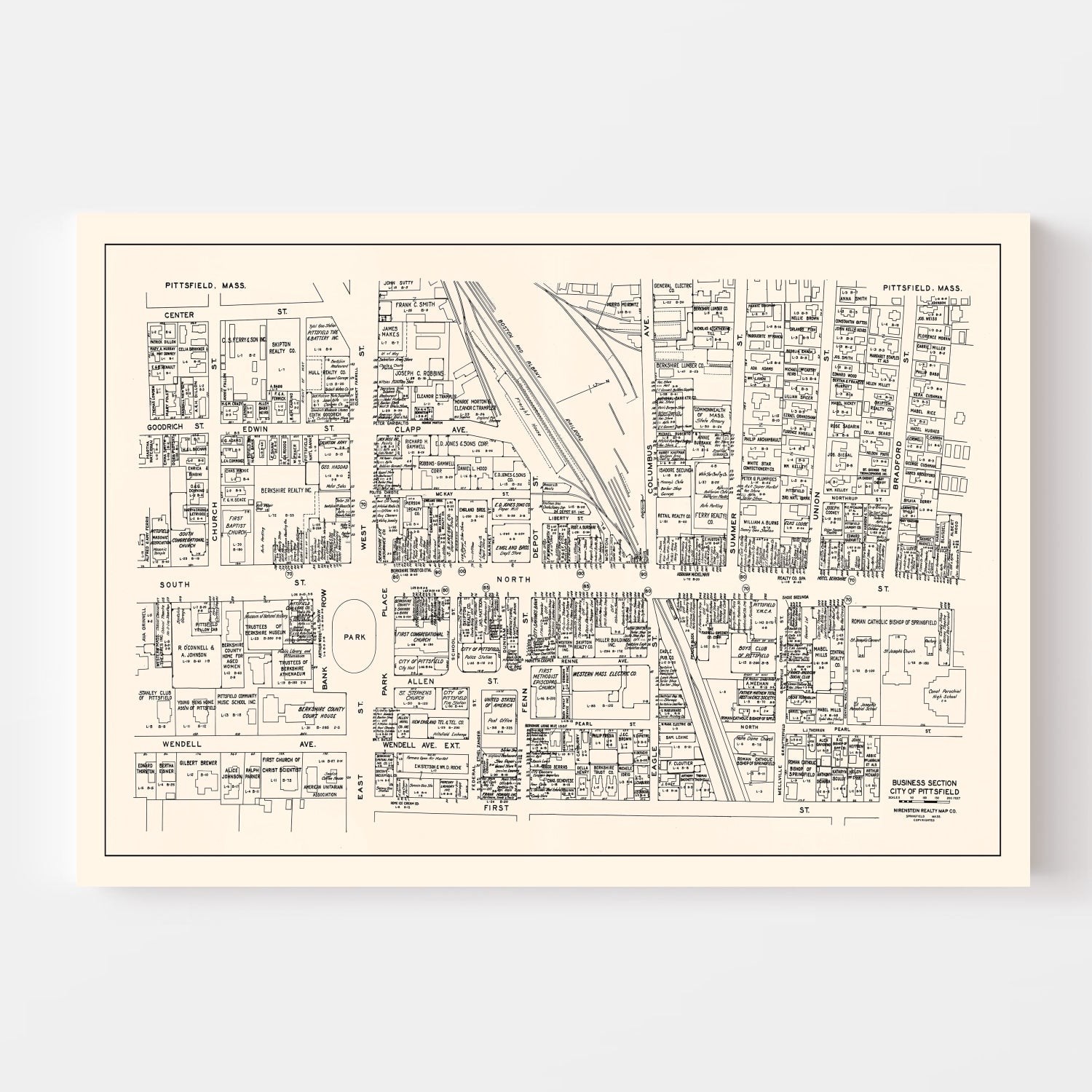 Vintage Map of Pittsfield, MA Business Section 1946