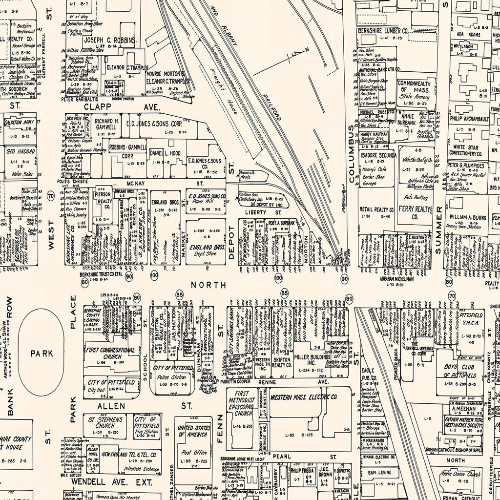Vintage Map of Pittsfield, MA Business Section 1946