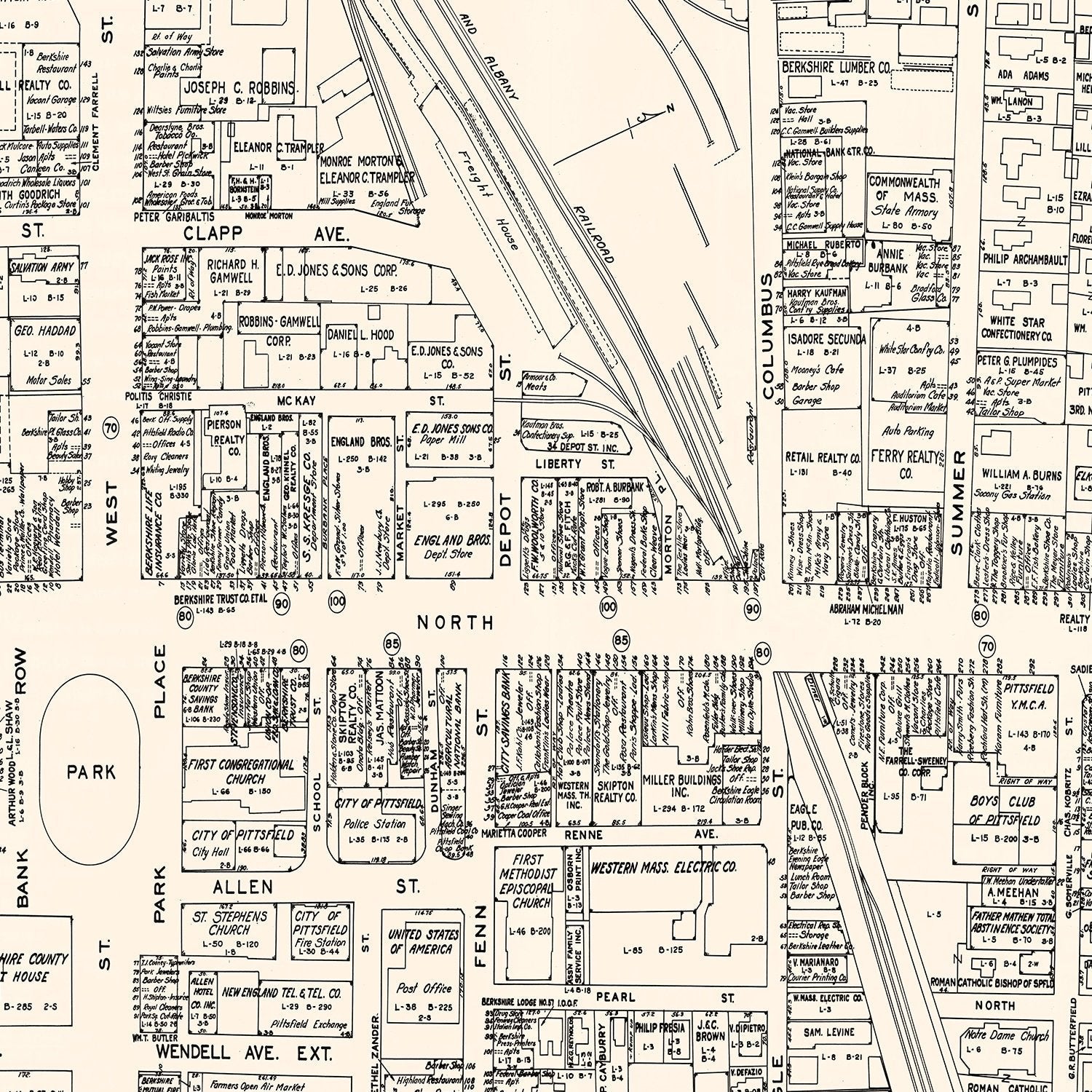 Vintage Map of Pittsfield, MA Business Section 1946