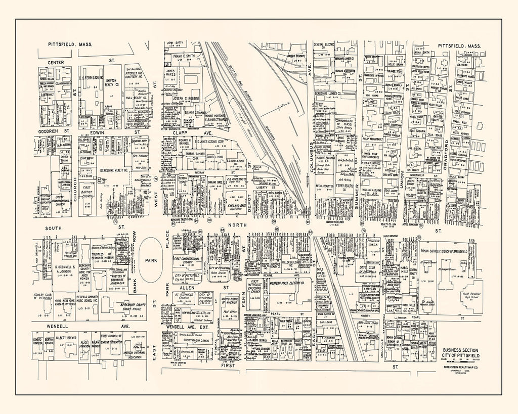 Vintage Map of Pittsfield, MA Business Section 1946