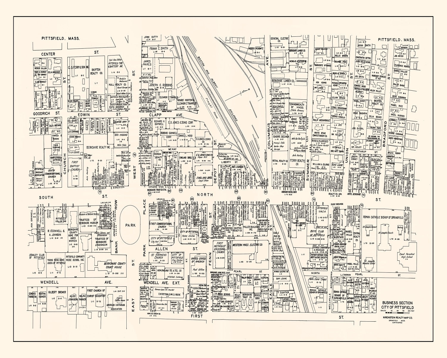 Vintage Map of Pittsfield, MA Business Section 1946