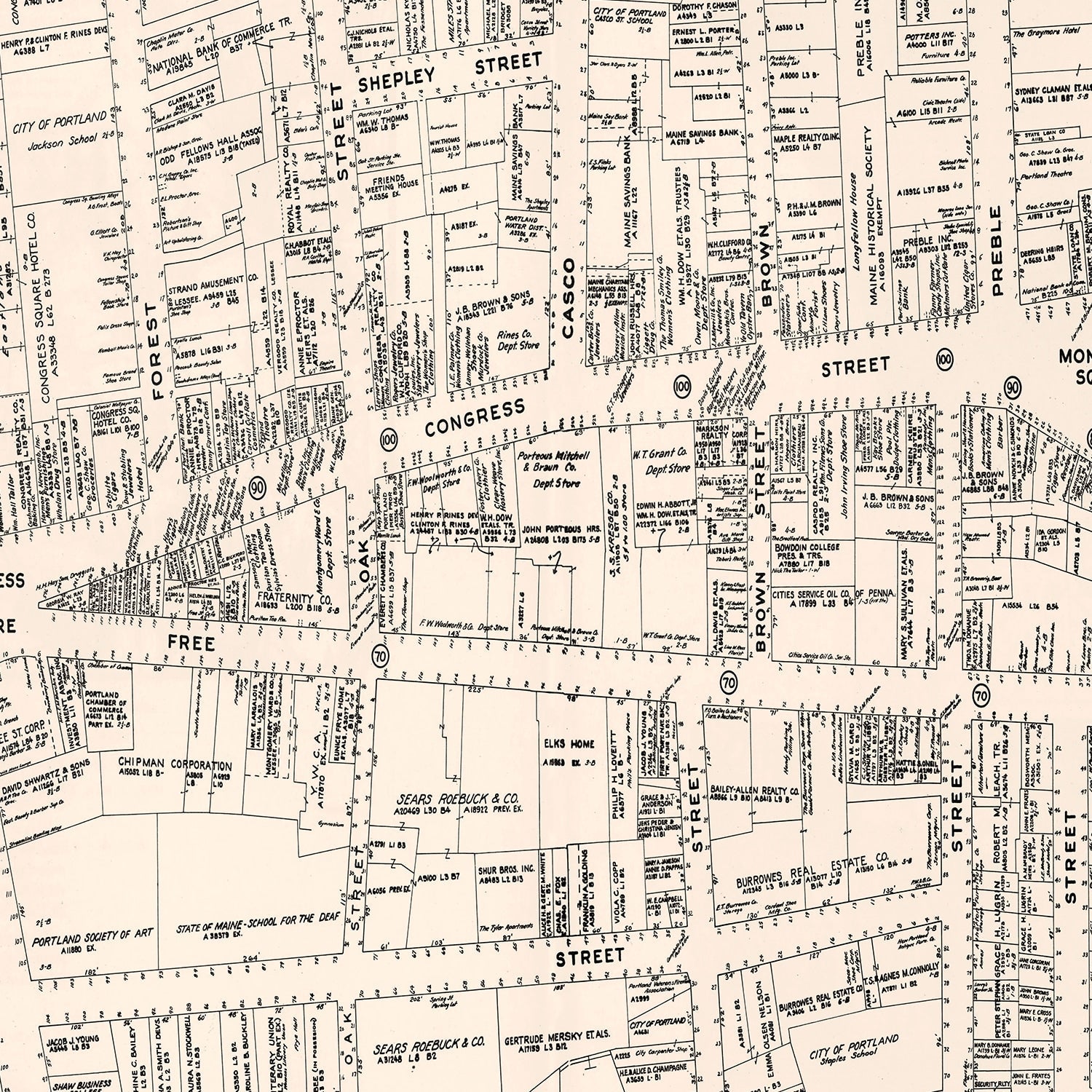 Vintage Map of Portland, ME Business Section 1946