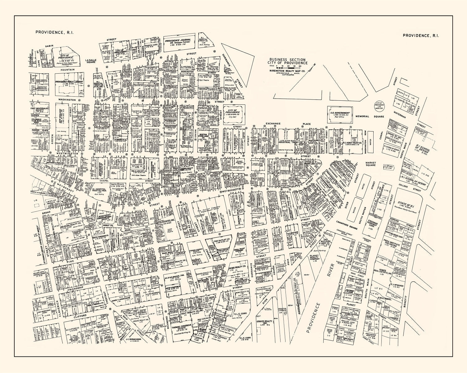 Vintage Map of Providence, RI Business Section 1946
