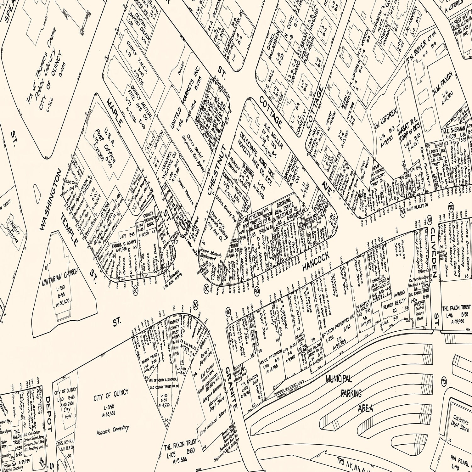 Vintage Map of Quincy, MA Business Section 1946