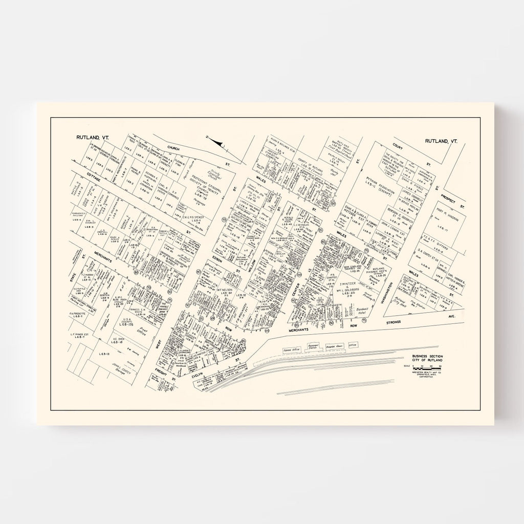 Vintage Map of Rutland, VT Business Section 1946