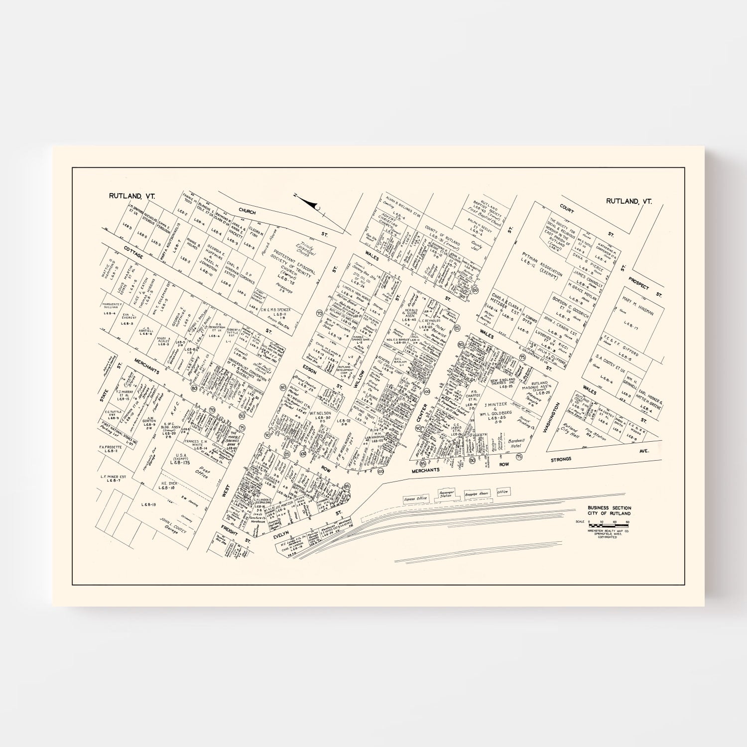 Vintage Map of Rutland, VT Business Section 1946