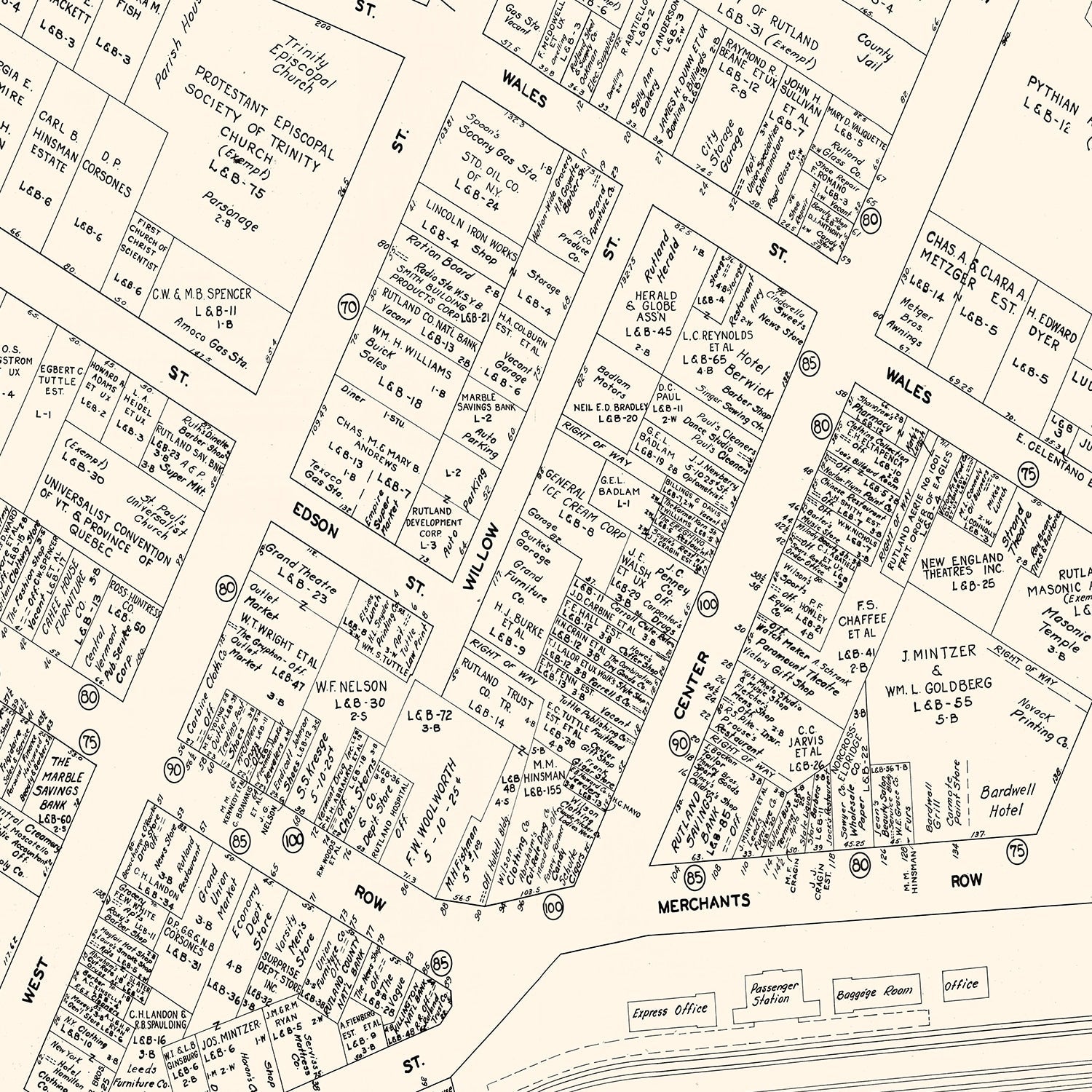 Vintage Map of Rutland, VT Business Section 1946