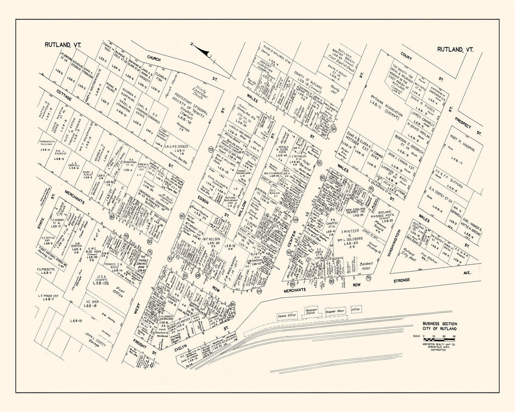 Vintage Map of Rutland, VT Business Section 1946