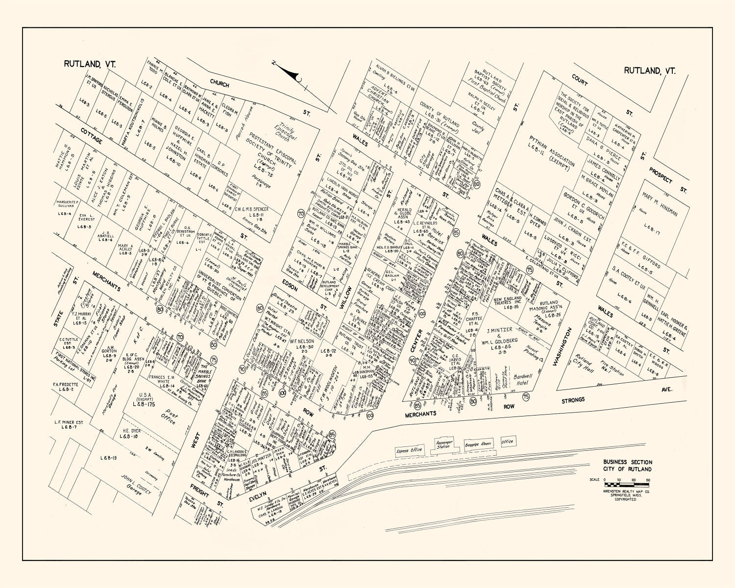 Vintage Map of Rutland, VT Business Section 1946