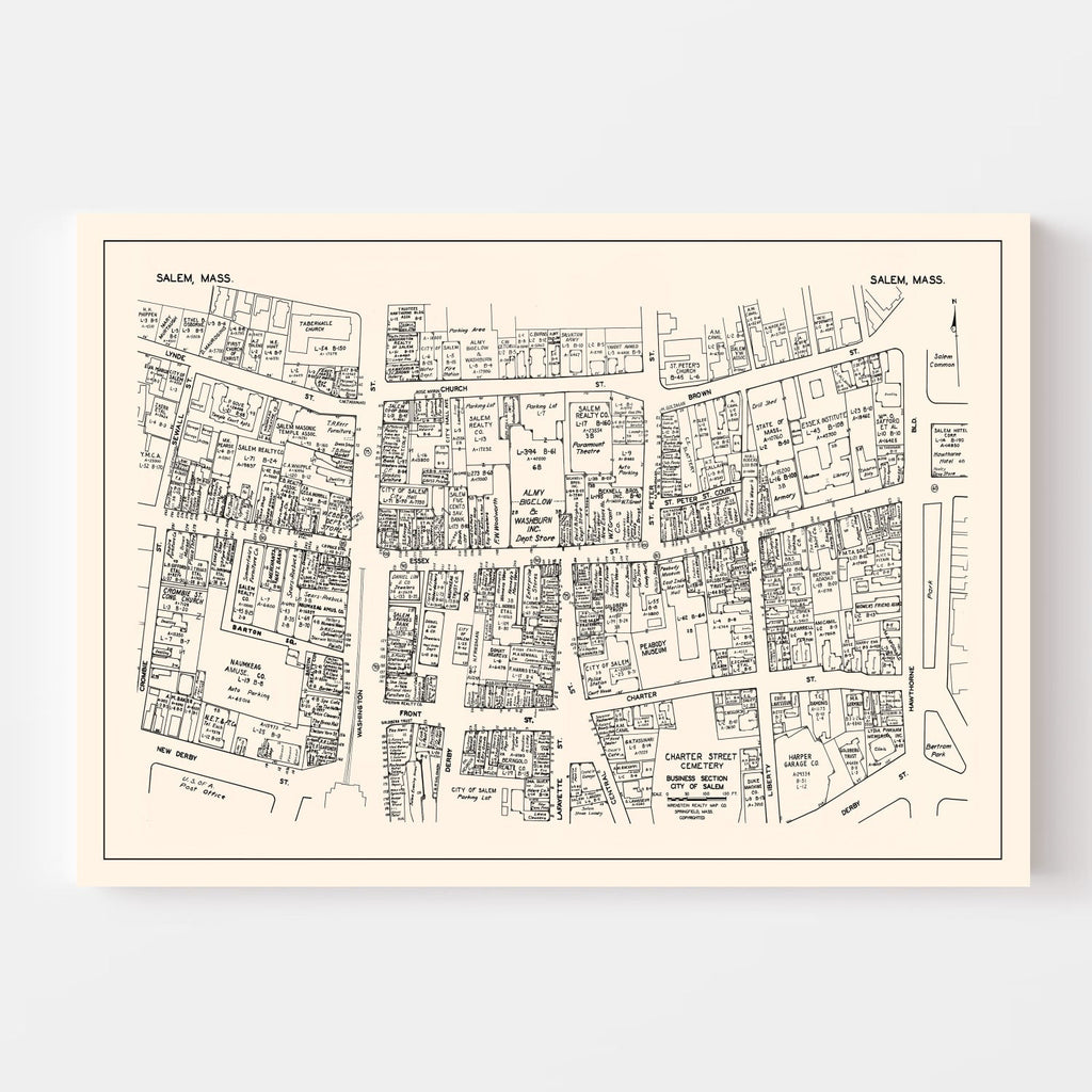 Vintage Map of Salem, MA Business Section 1946
