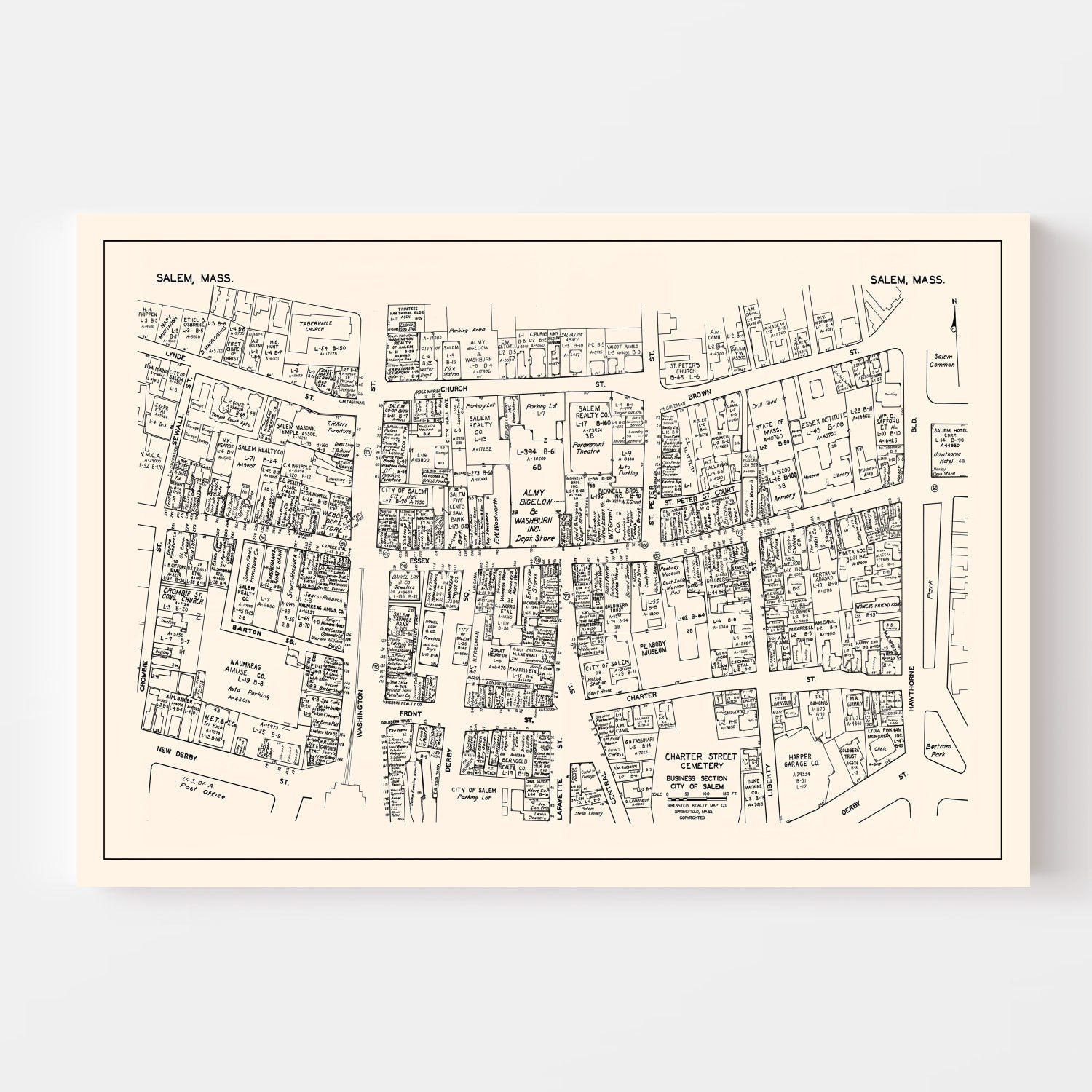 Vintage Map of Salem, MA Business Section 1946