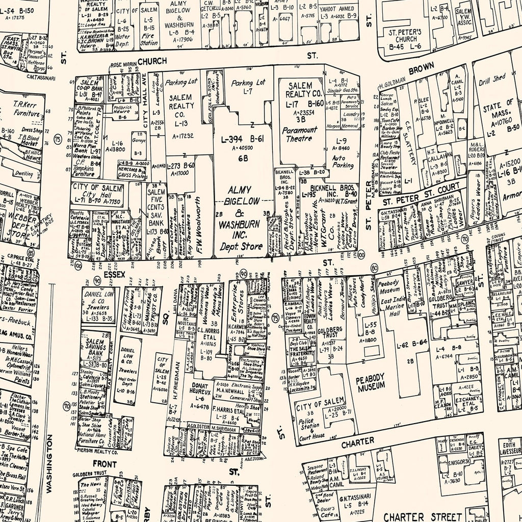 Vintage Map of Salem, MA Business Section 1946