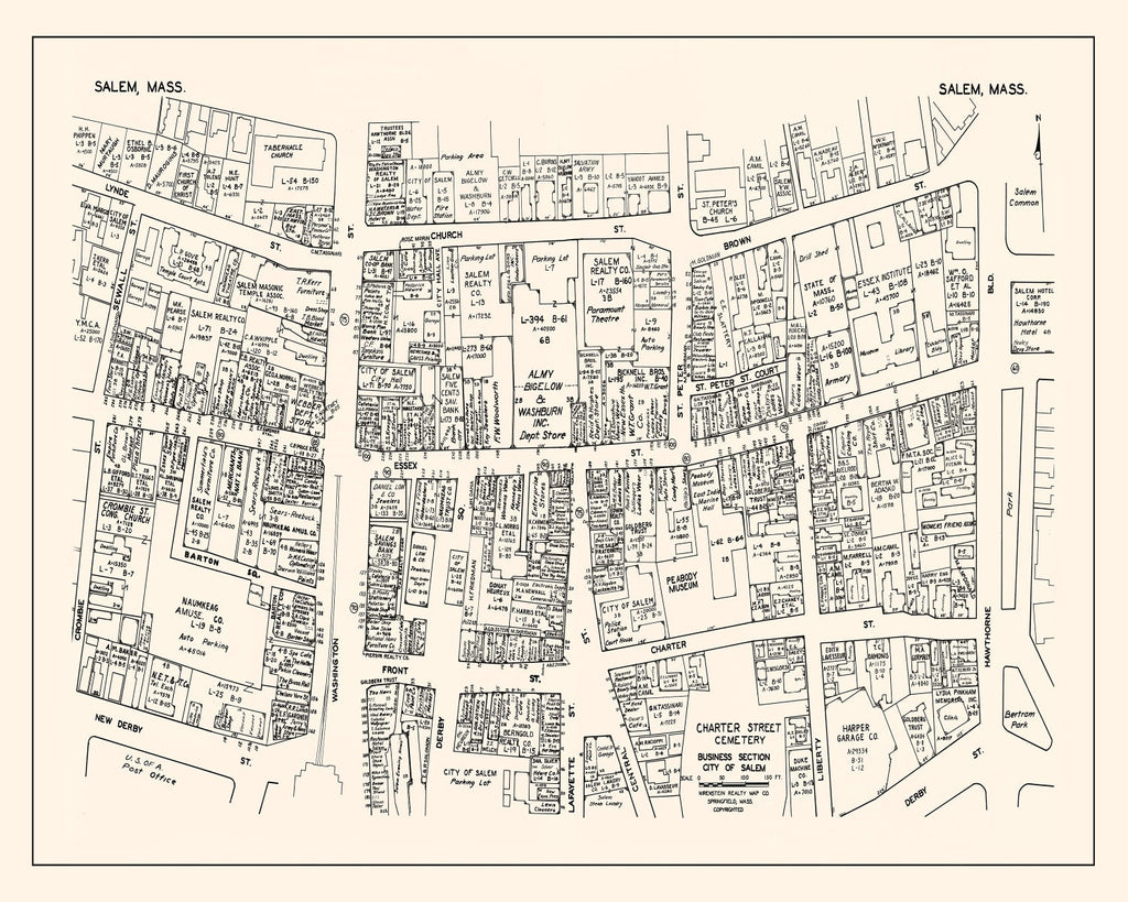 Vintage Map of Salem, MA Business Section 1946