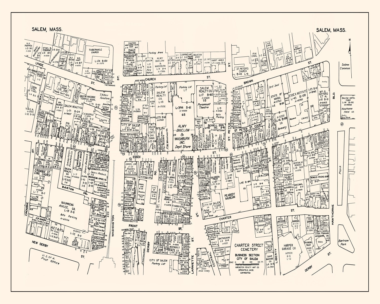 Vintage Map of Salem, MA Business Section 1946