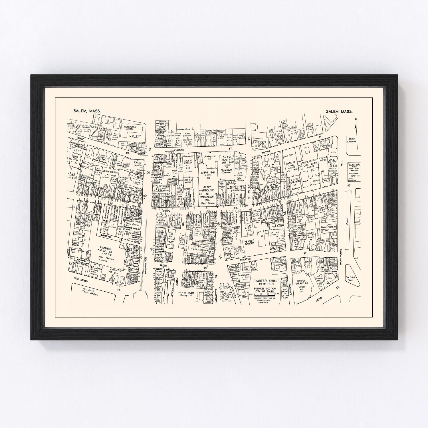Vintage Map of Salem, MA Business Section 1946