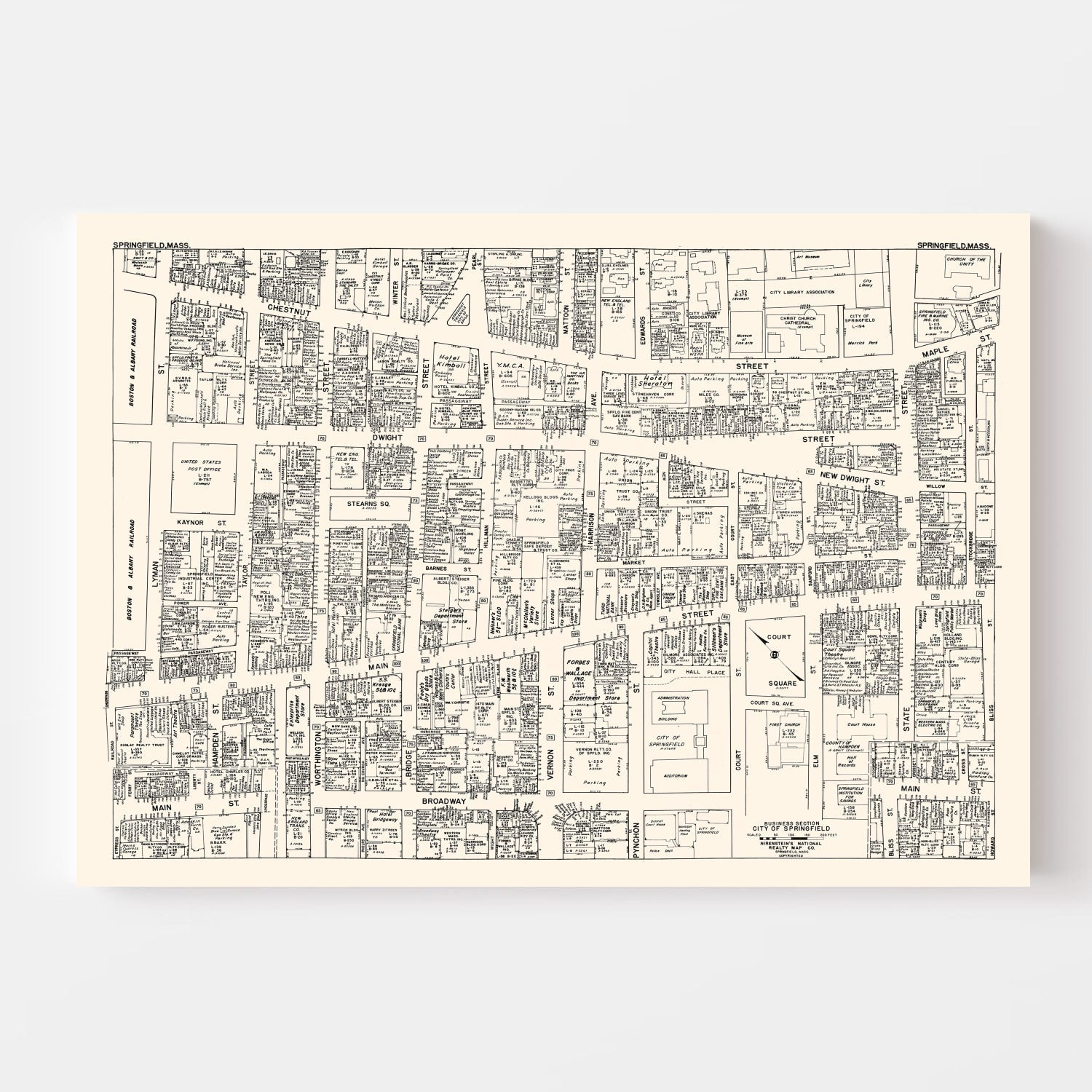 Vintage Map of Springfield, MA Business Section 1946