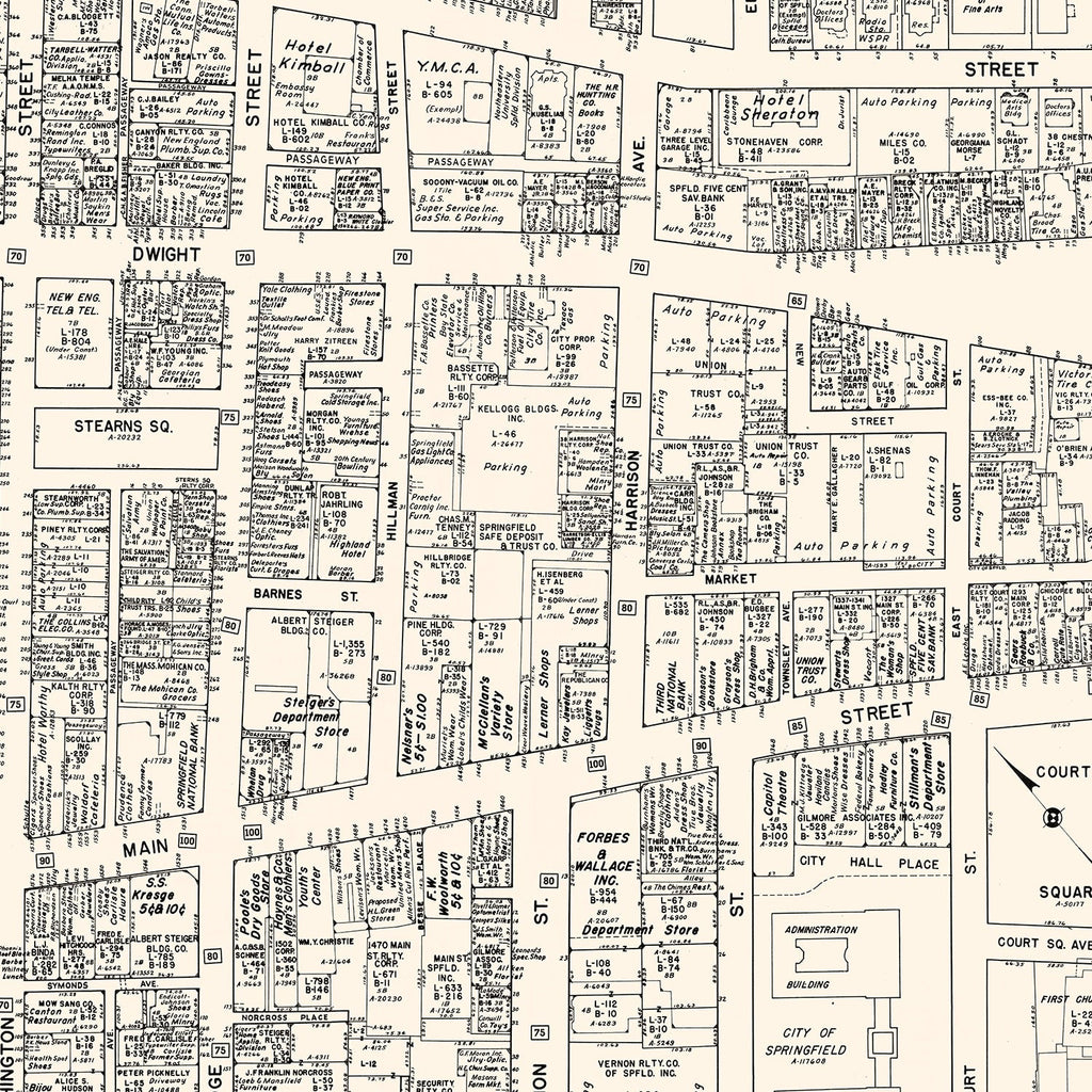 Vintage Map of Springfield, MA Business Section 1946