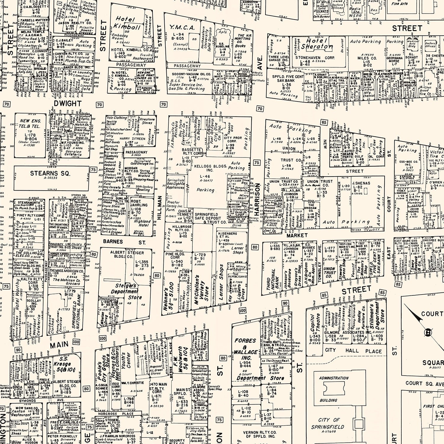 Vintage Map of Springfield, MA Business Section 1946