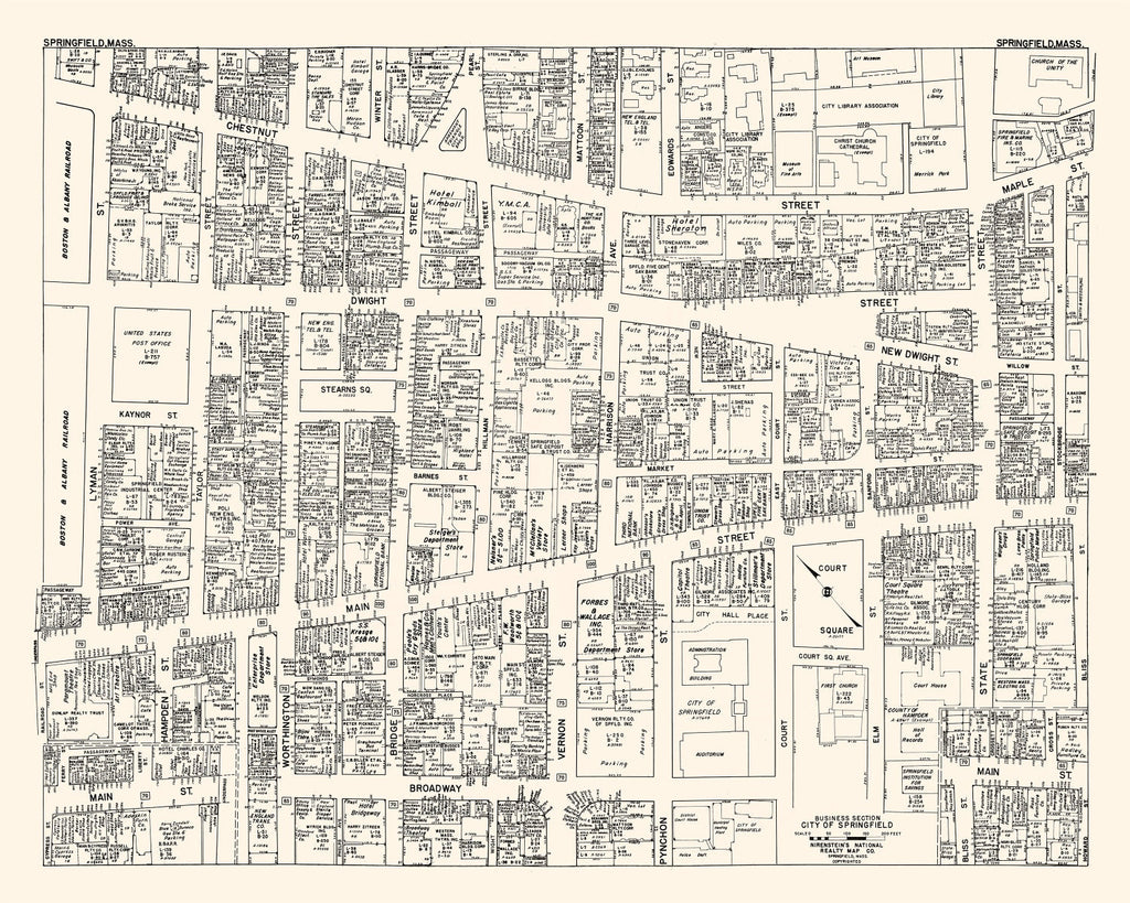 Vintage Map of Springfield, MA Business Section 1946