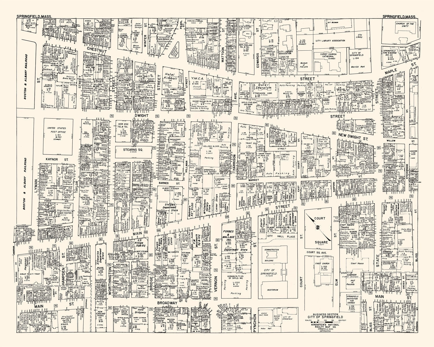 Vintage Map of Springfield, MA Business Section 1946