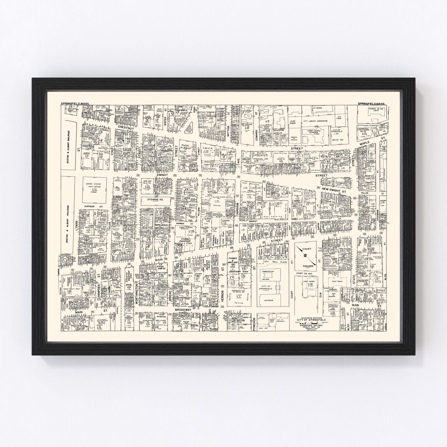 Vintage Map of Springfield, MA Business Section 1946