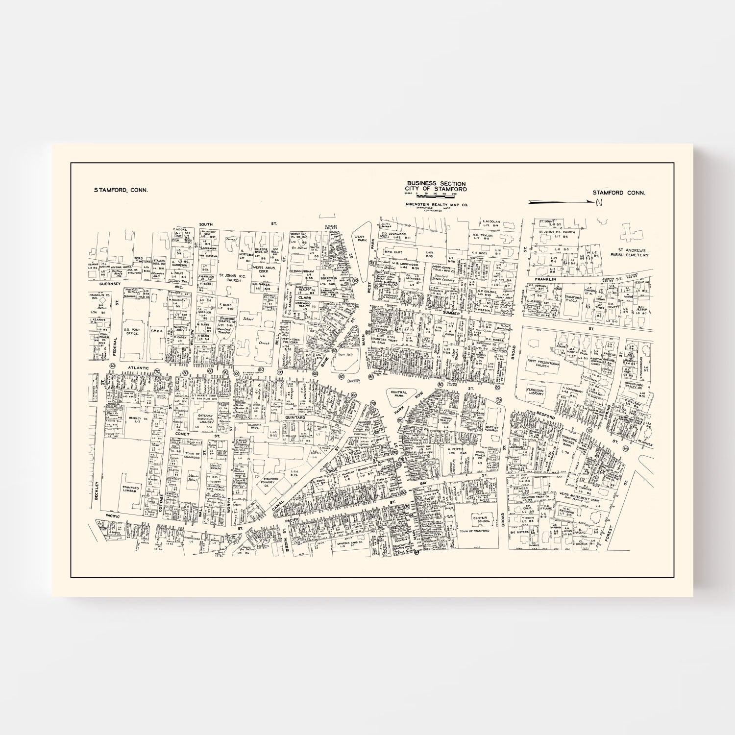 Vintage Map of Stamford, CT Business Section 1946